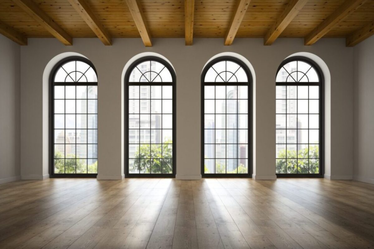 Empty loft room with arc windows 3D rendering