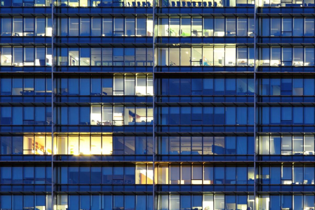 Exterior of office building at night