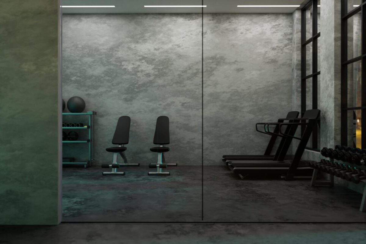 Modern dark fitness gym centre interior design with sports training equipment, treadmills, bench, dumbbells, yoga ball. 3d rendering, 3d illustration