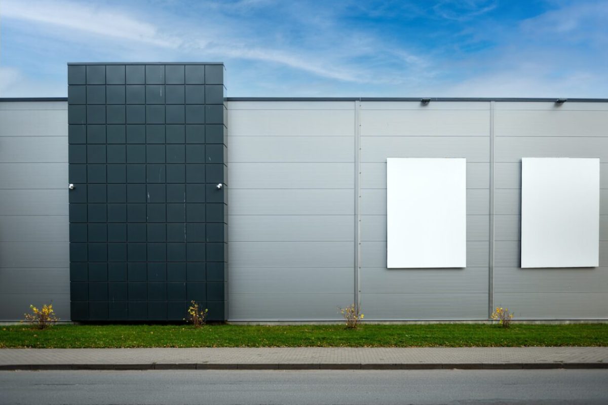 two blank white billboard for advertisement on the facade of building, outdoor advertising mockup